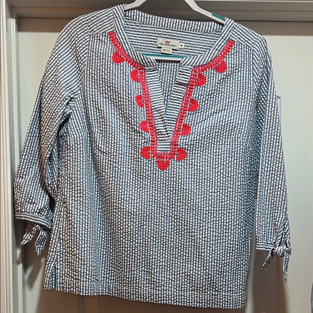 Vineyard Vines Navy & White Striped Tunic with Coral Trim